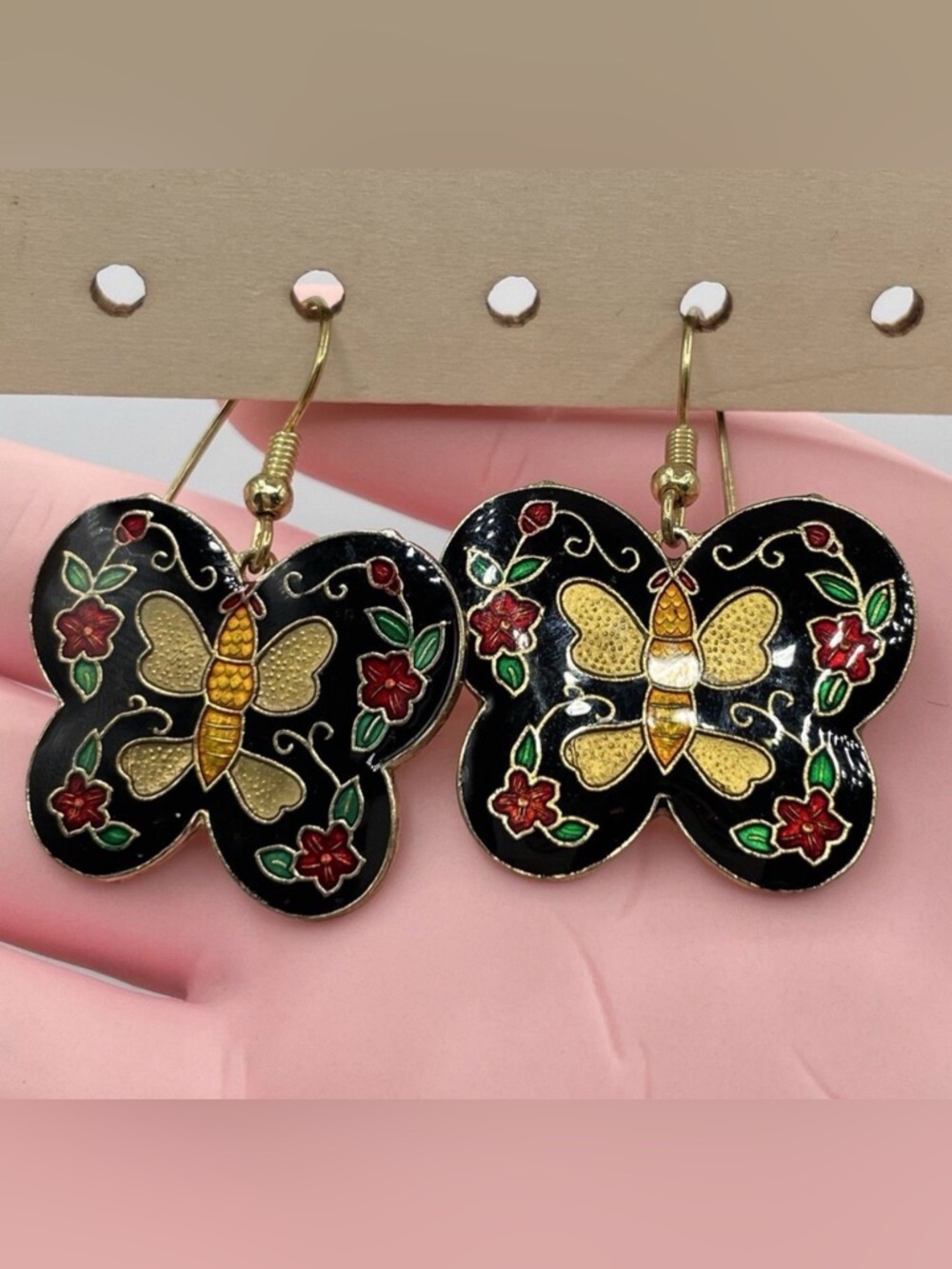 Gold Tone Black Red Green Enamel Cloisonne Butterfly Dangle Earrings Hook